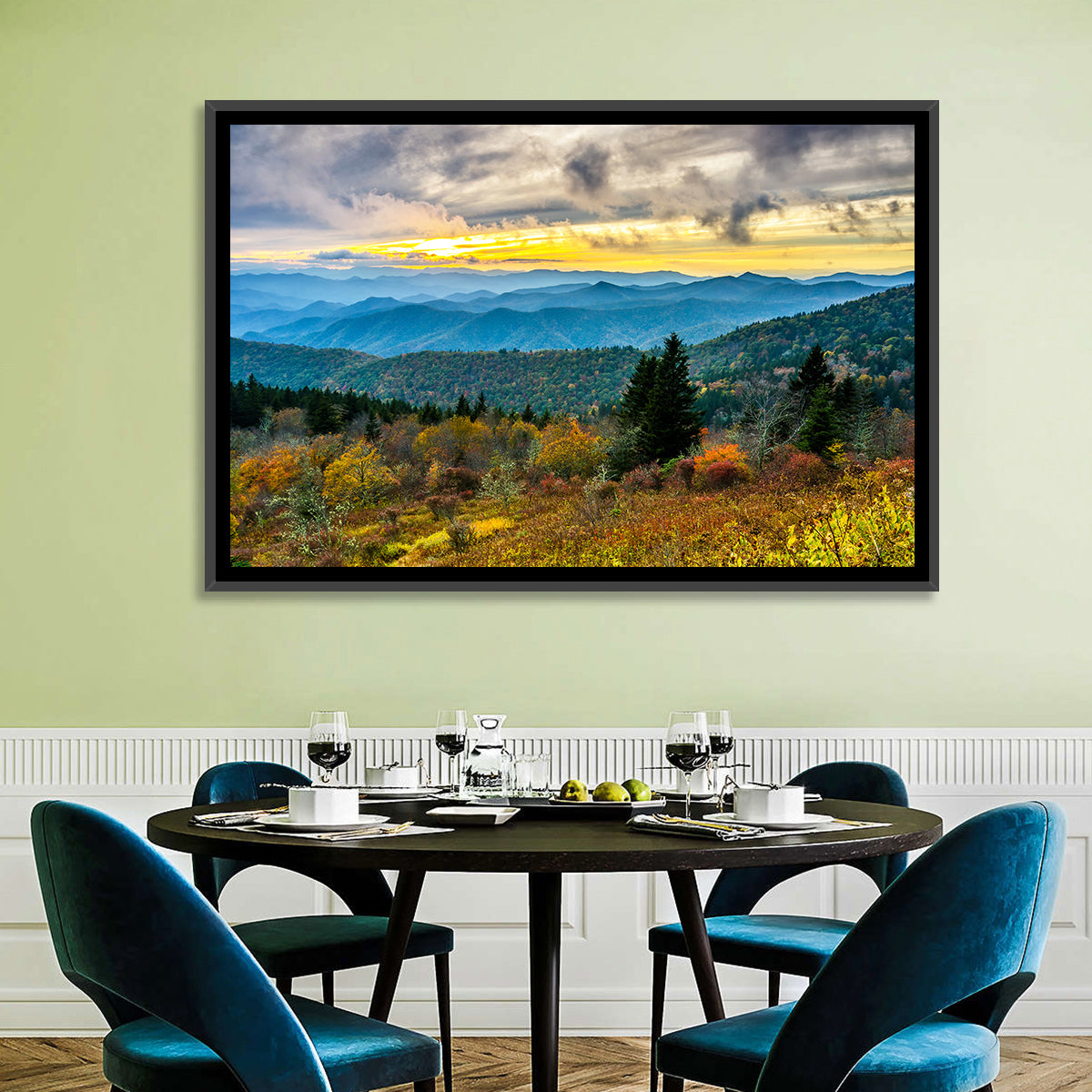 Cowee Mountains Sunset Wall Art in a room, landscape