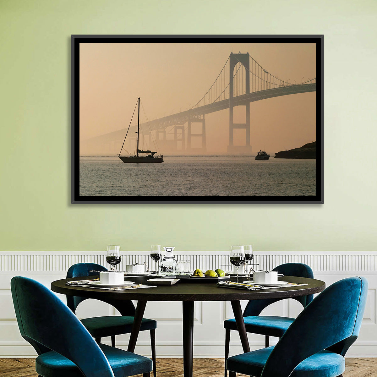 Newport Bridge in Golden Haze Wall Art in a room, landscape