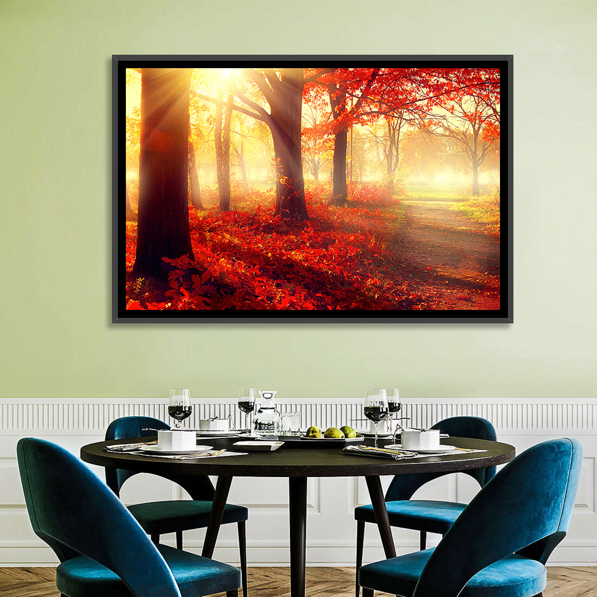Sunlit Forest Path Wall Art in a room, landscape