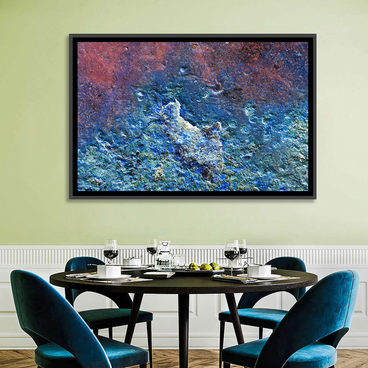 Weathered Metal Abstract Wall Art in a room, landscape