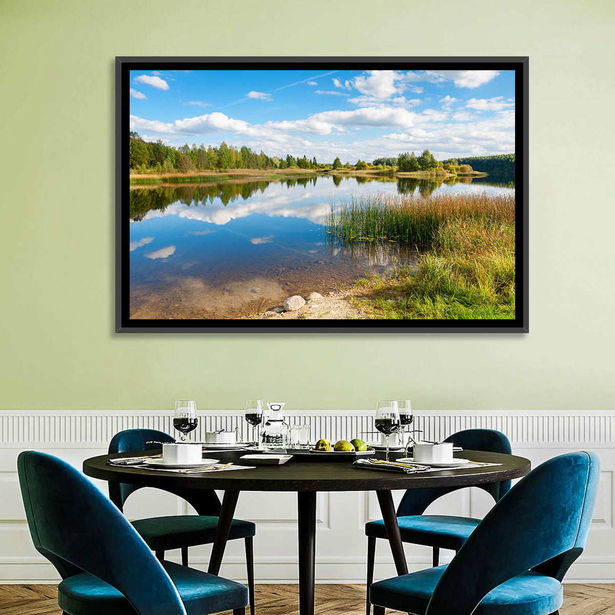Paunkula Lake Reflections Wall Art in a room, landscape