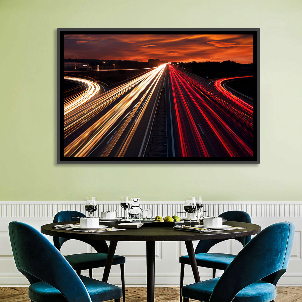 Sunset Highway Light Trails Wall Art in a room, landscape