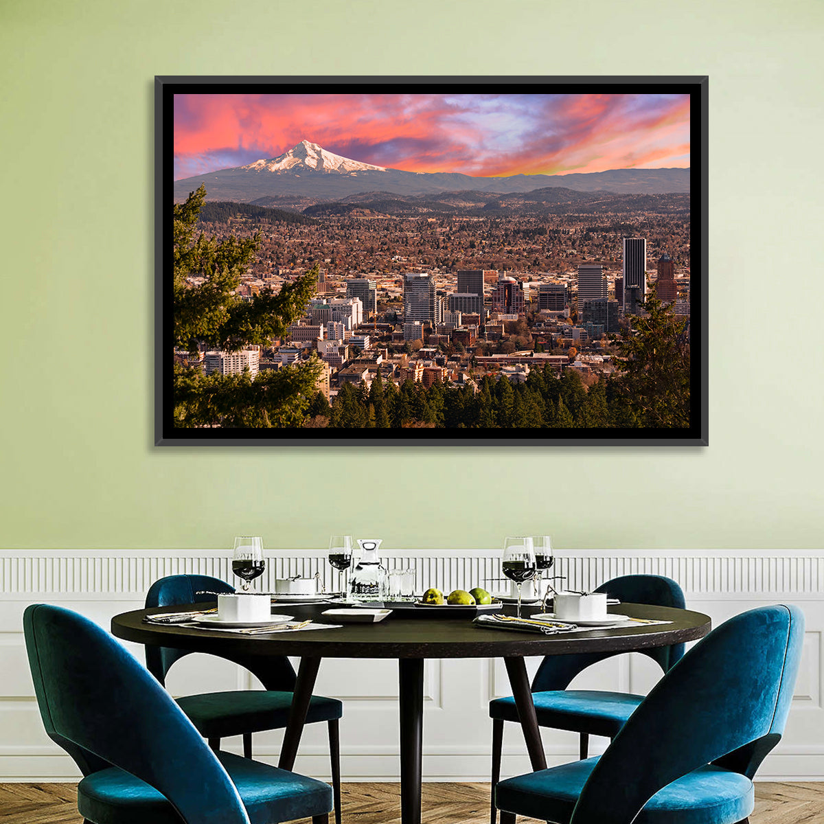 Portland Skyline at Sunset Wall Art in a room, landscape