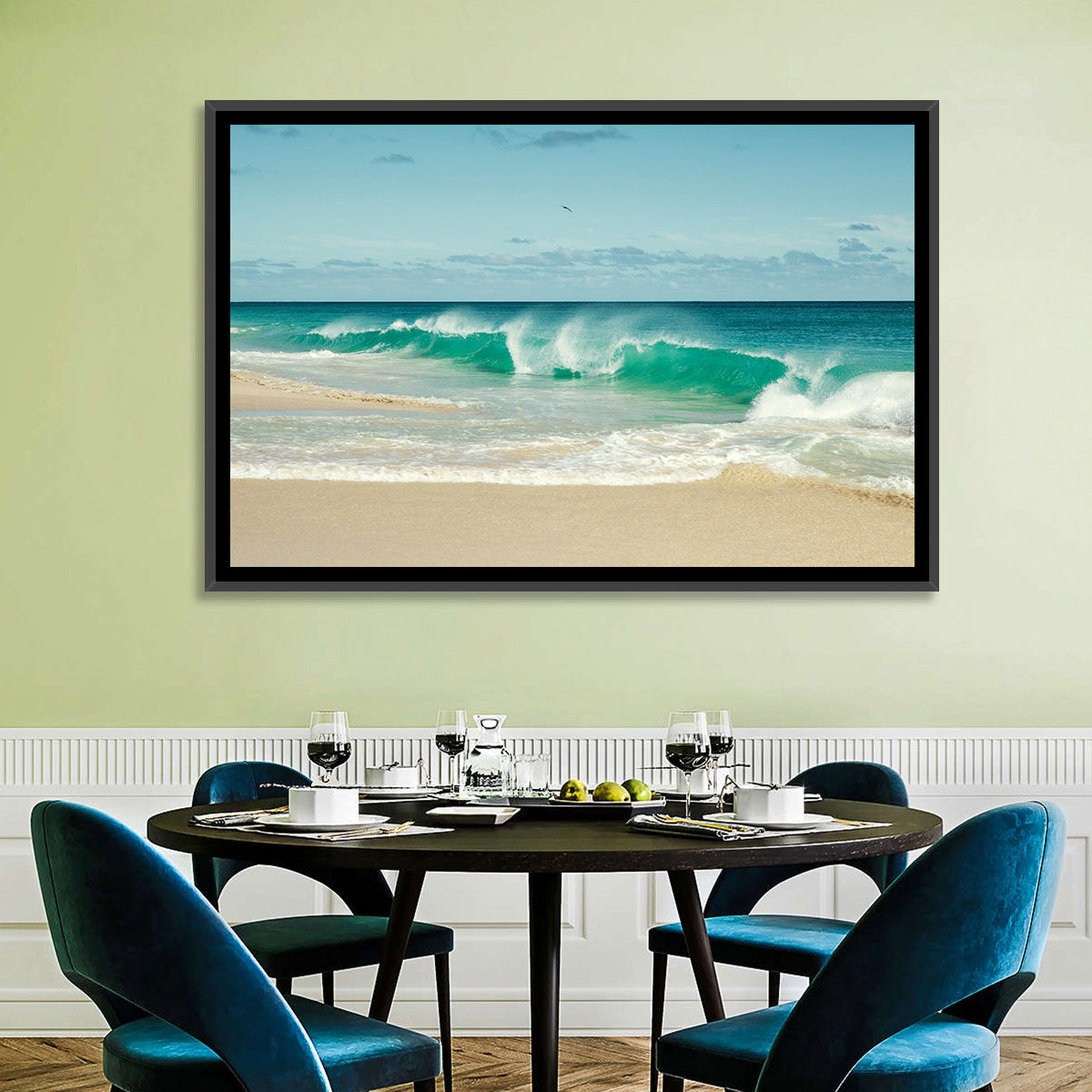 Turquoise Wave on Sandy Beach Wall Art in a room, landscape