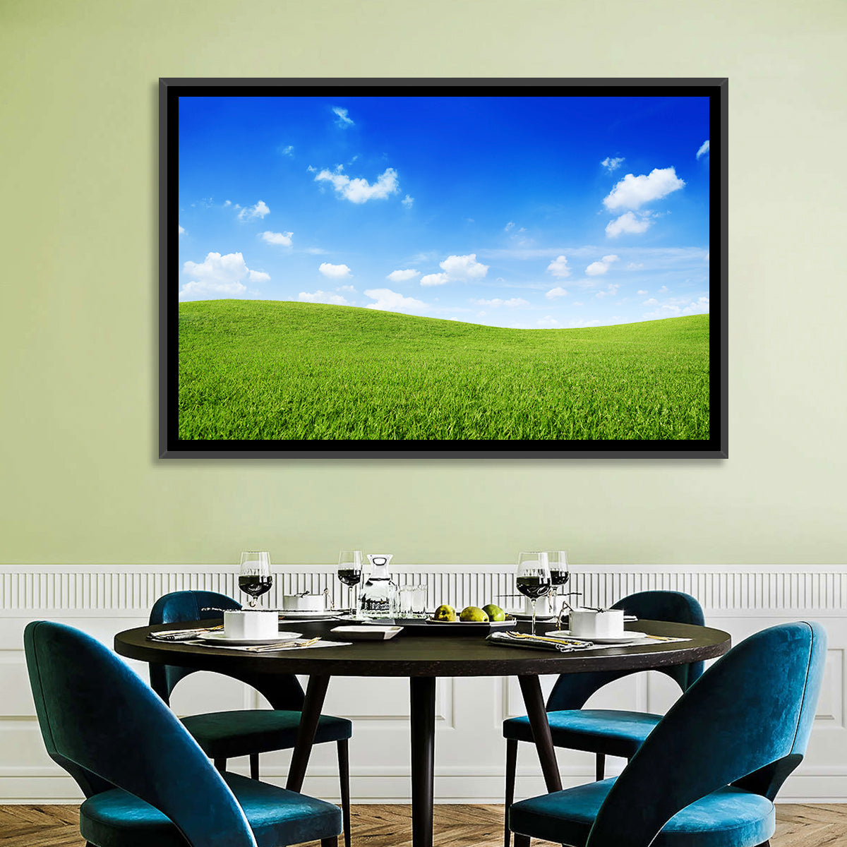 Rolling Green Meadow Under Blue Sky Wall Art