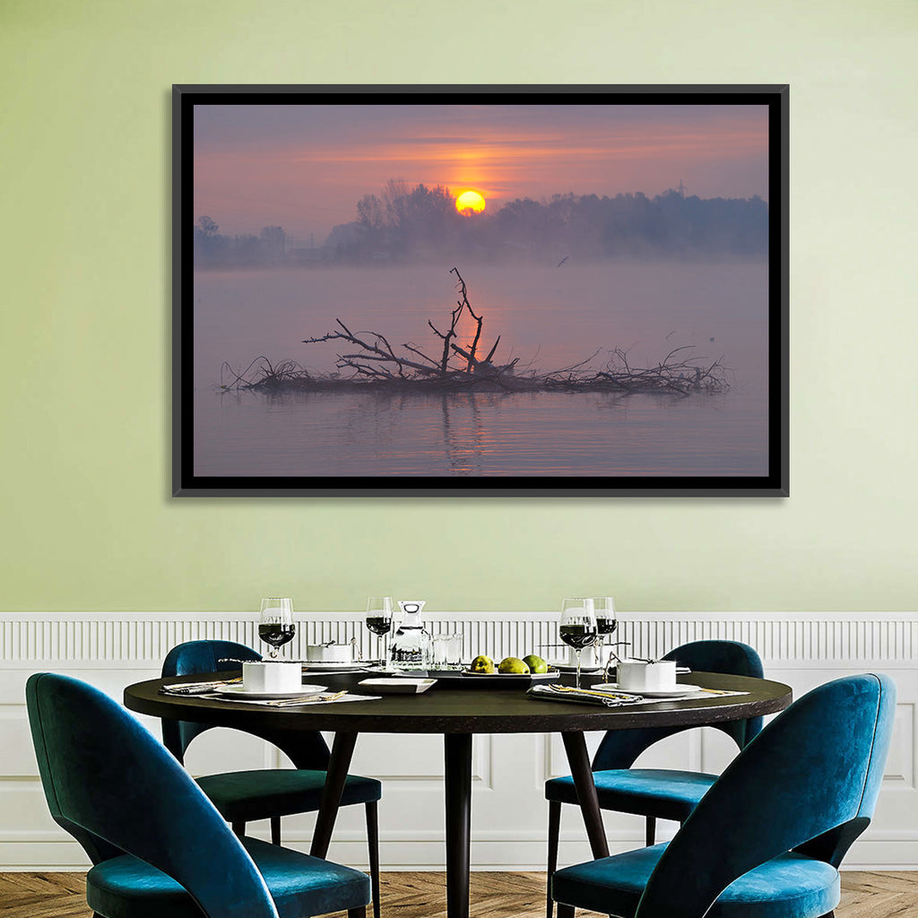 Misty Lake Sunrise with Fallen Tree Wall Art