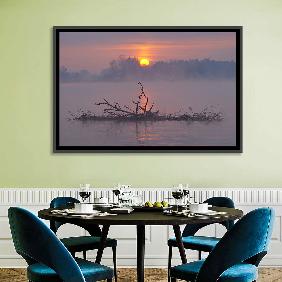 Misty Lake Sunrise with Fallen Tree Wall Art
