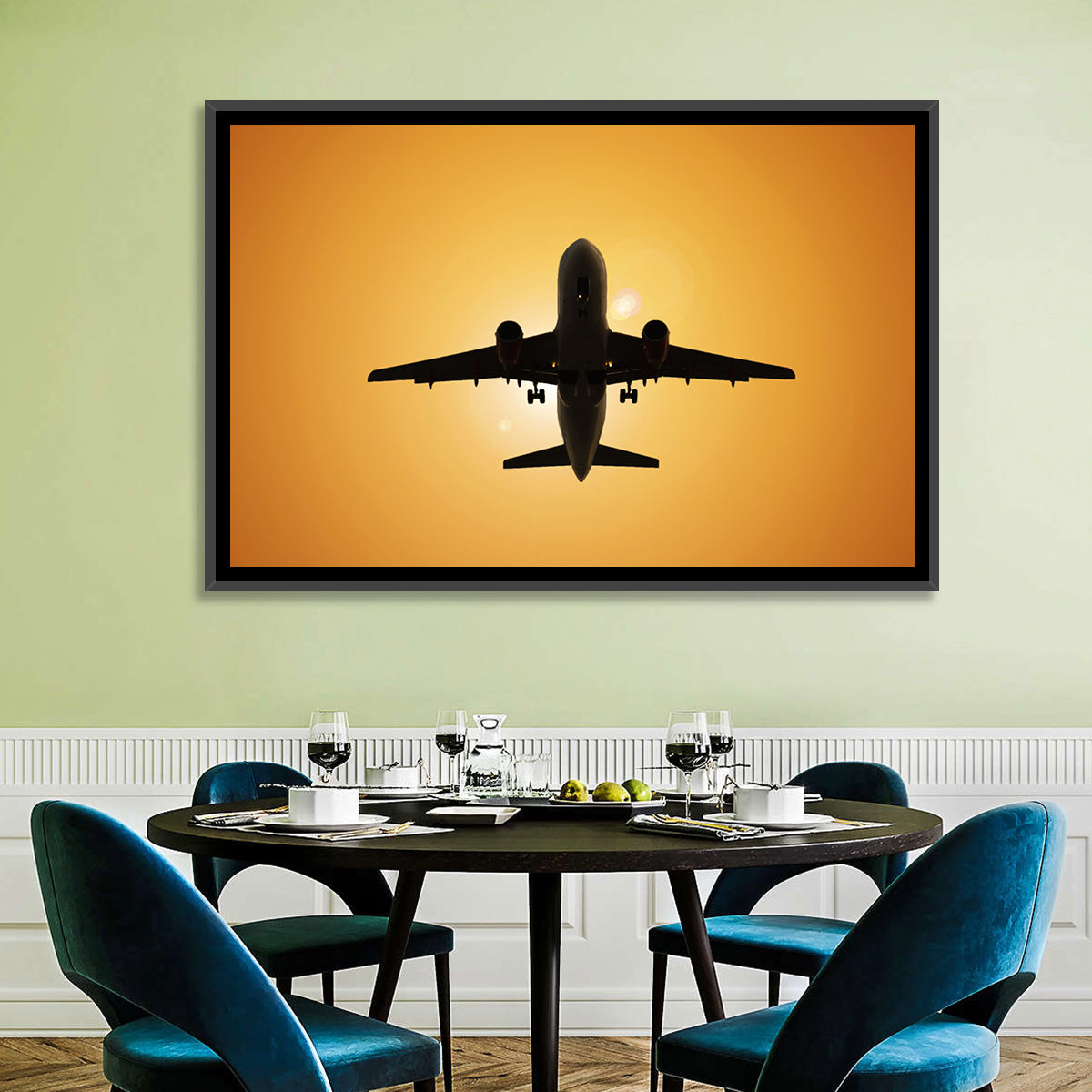 Sunset Jet Silhouette Wall Art in a room, landscape