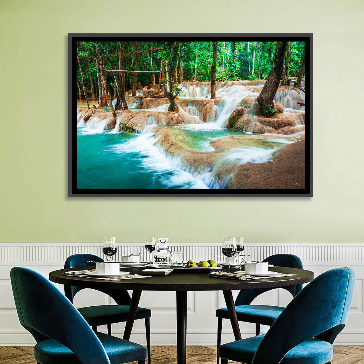 Kuang Si Waterfall Wall Art in a room, landscape