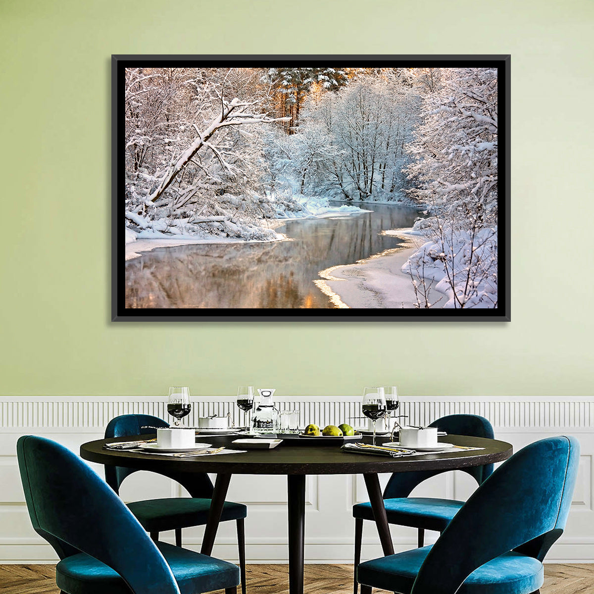 Snow-covered Stream at Golden Hour Wall Art in a room, landscape