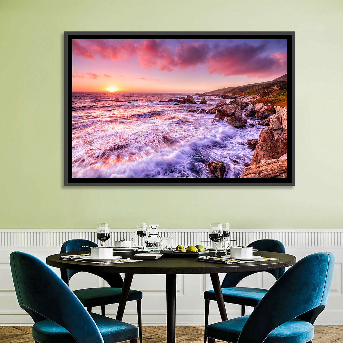 Dusk Over California Cliffs Wall Art in a room, landscape