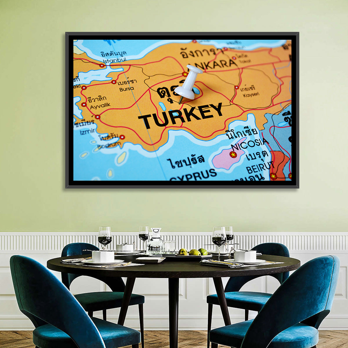 Turkey Map with Ankara Pin Wall Art in a room, landscape