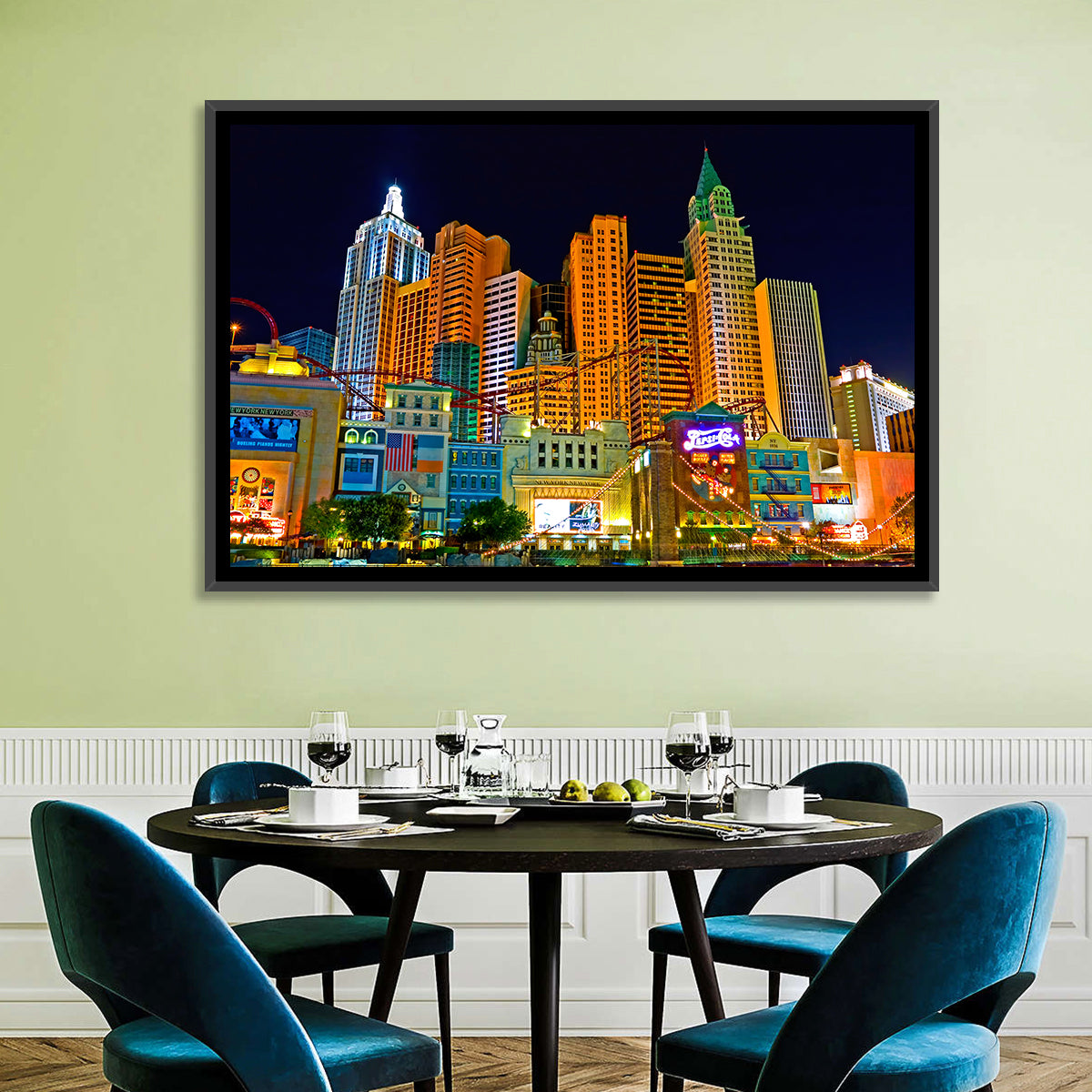 Las Vegas Big Apple Coaster at Night Wall Art in a room, landscape