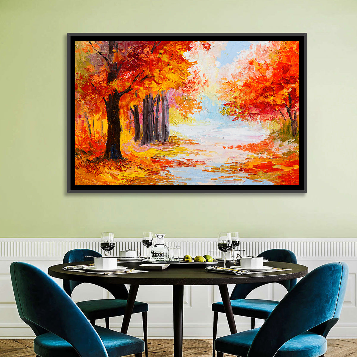 Autumn Forest Pathway Wall Art in a room, landscape