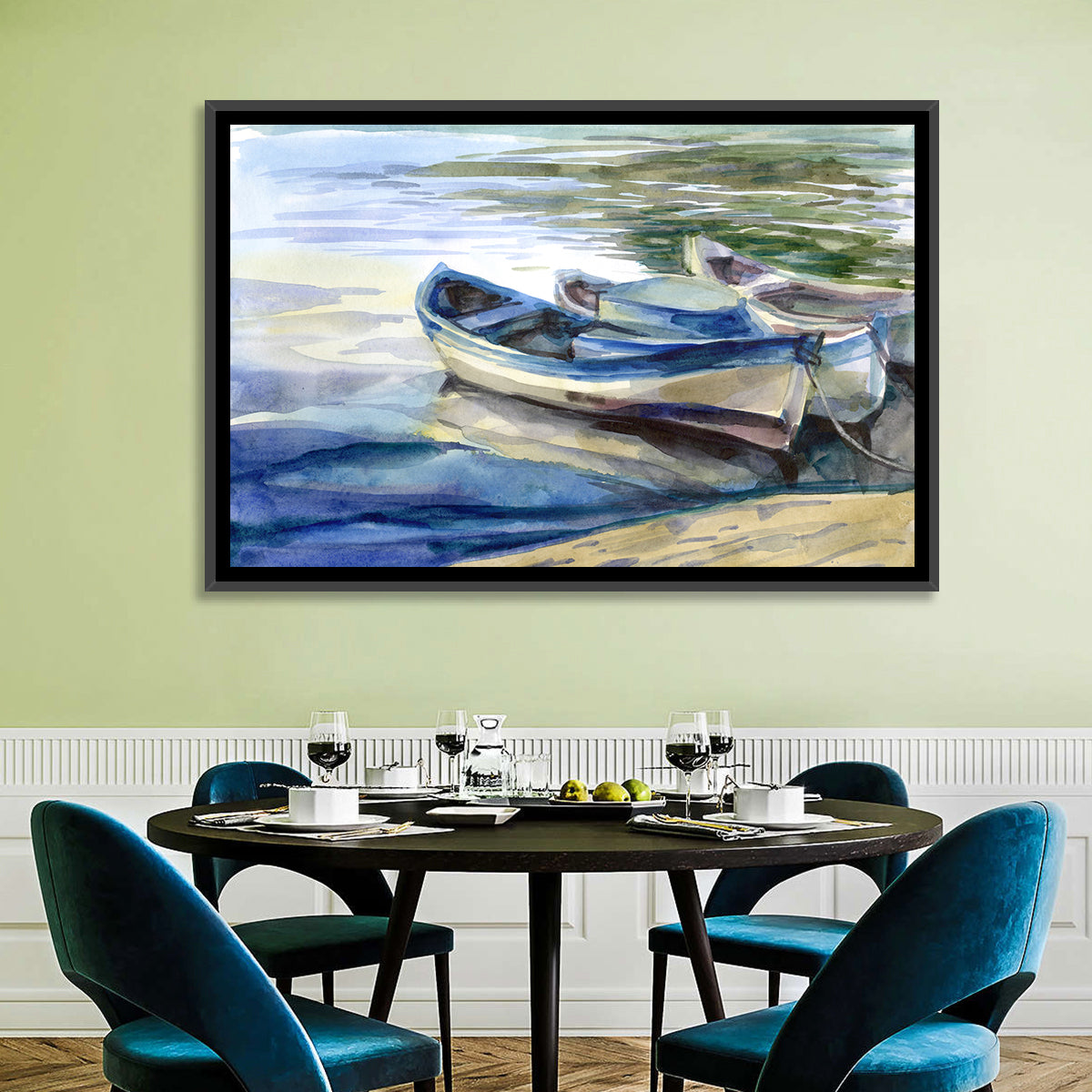 Watercolor Rowboats by the Shore Wall Art in a room, landscape