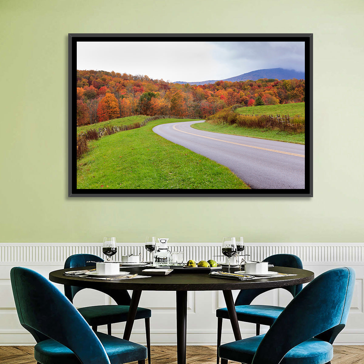 Curving Road Through Autumn Meadow Wall Art in a room, landscape