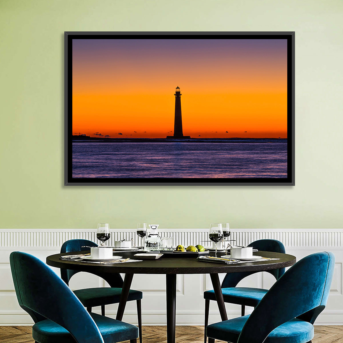 Minimalist Lighthouse Silhouette at Twilight Wall Art in a room, landscape