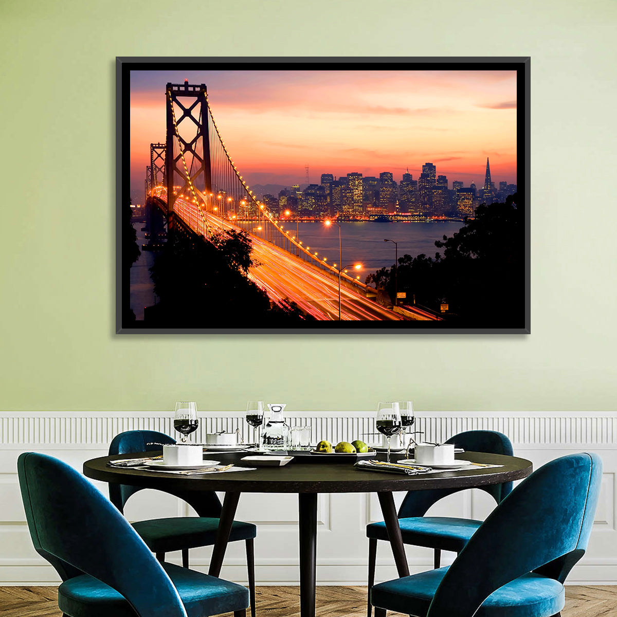 Bay Bridge Light Trails at Sunset Wall Art in a room, landscape