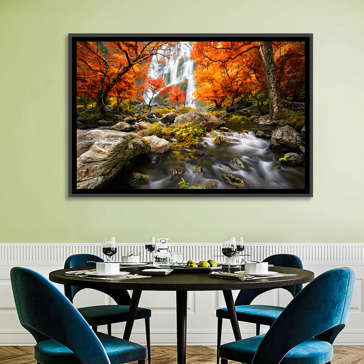 Autumn Forest Waterfall Wall Art in a room, landscape