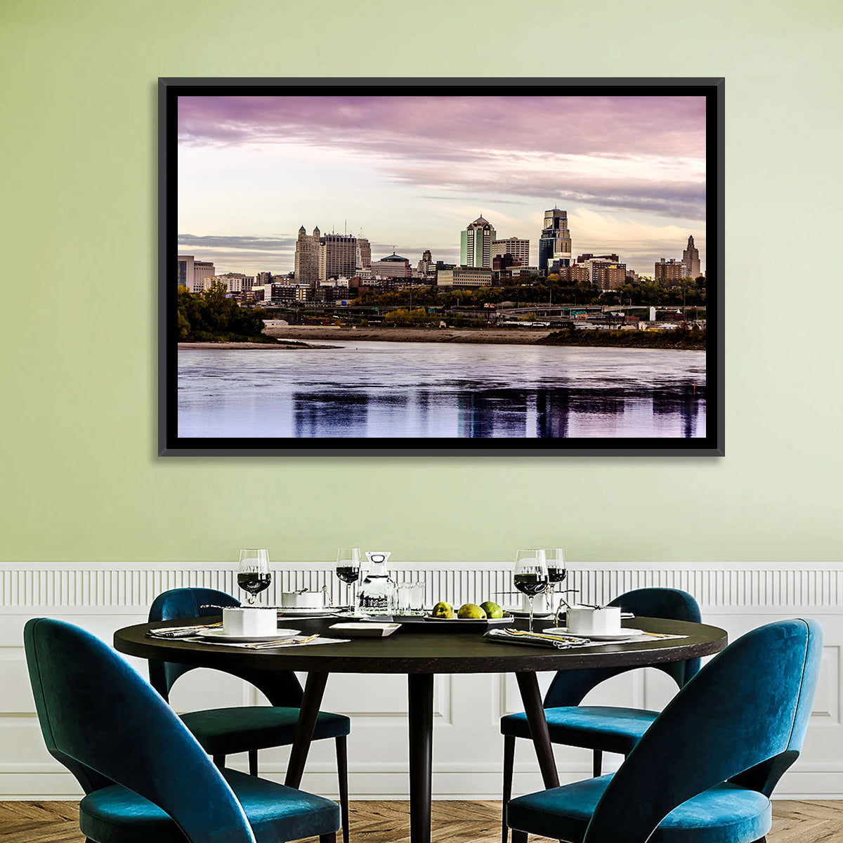 Kansas City Skyline at Dusk Wall Art in a room, landscape