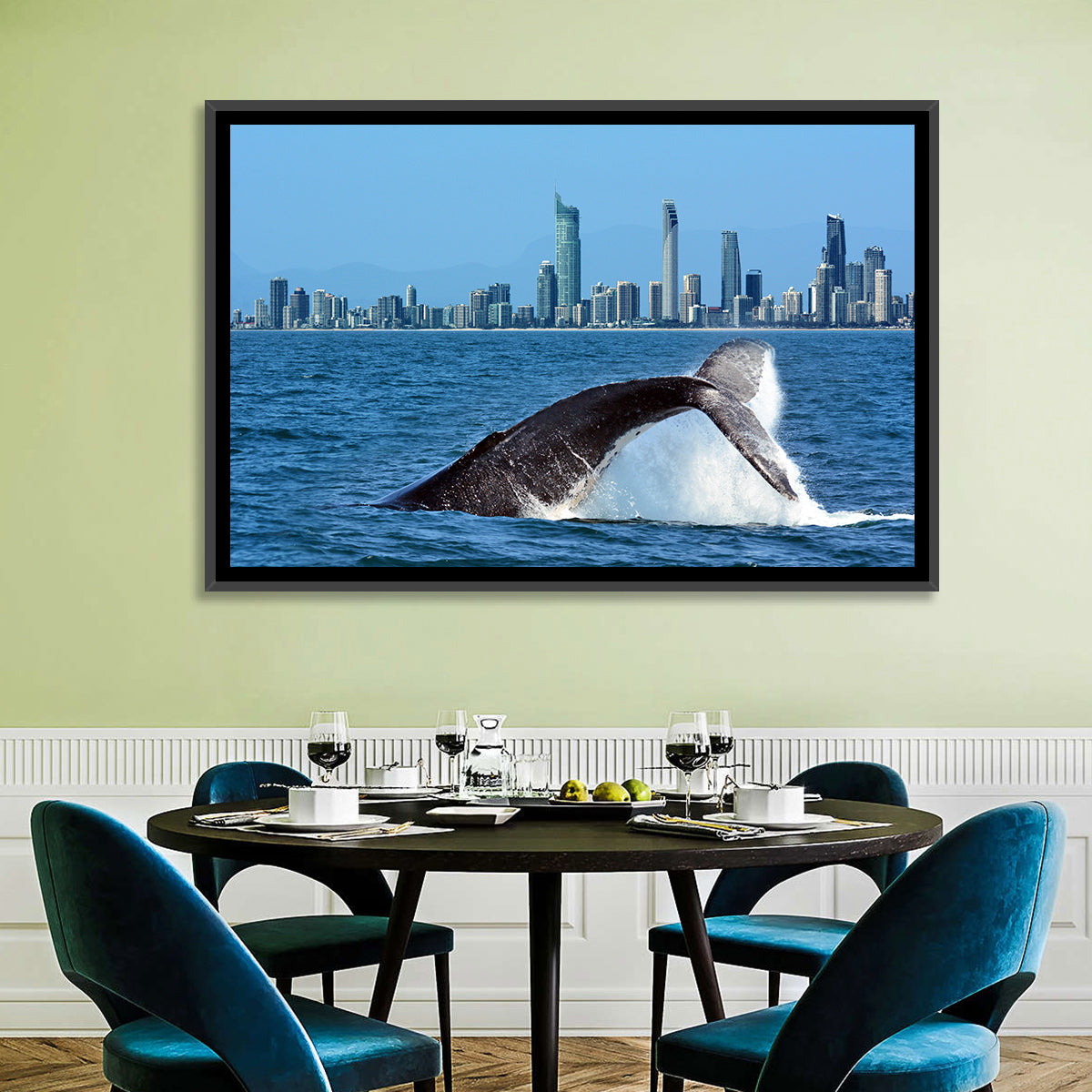 Gold Coast Whale and Skyline Wall Art in a room, landscape