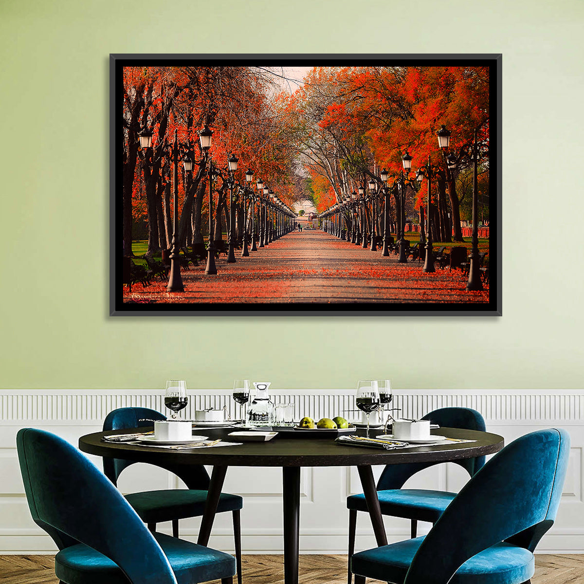 Autumn Park Path with Vintage Lampposts Wall Art in a room, landscape