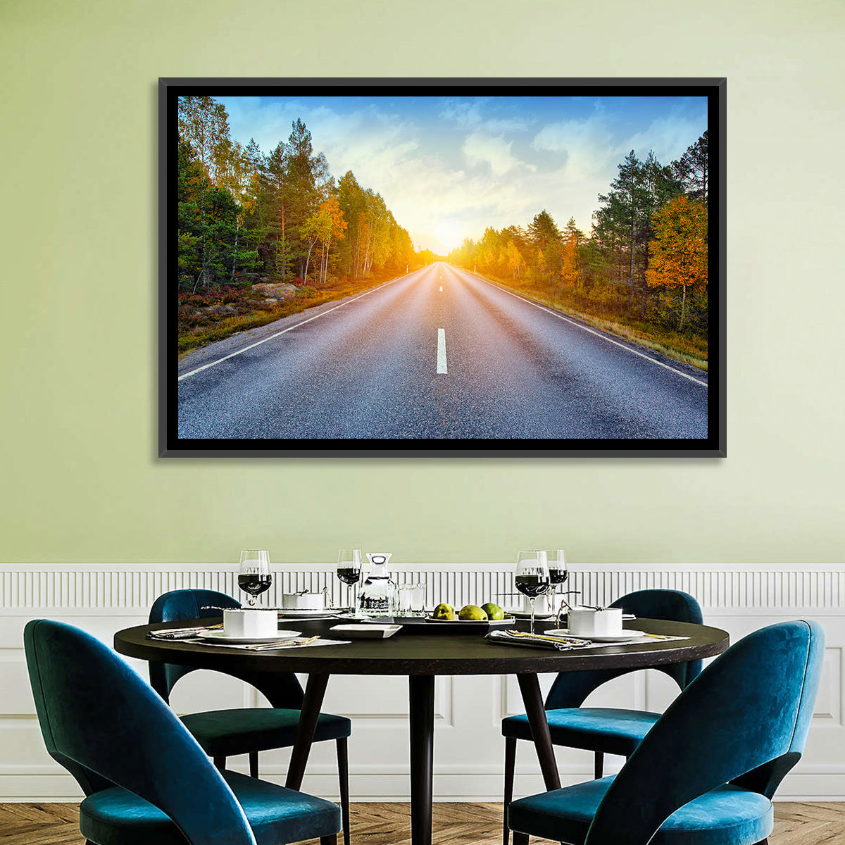 Sunlit Autumn Forest Road Wall Art in a room, landscape