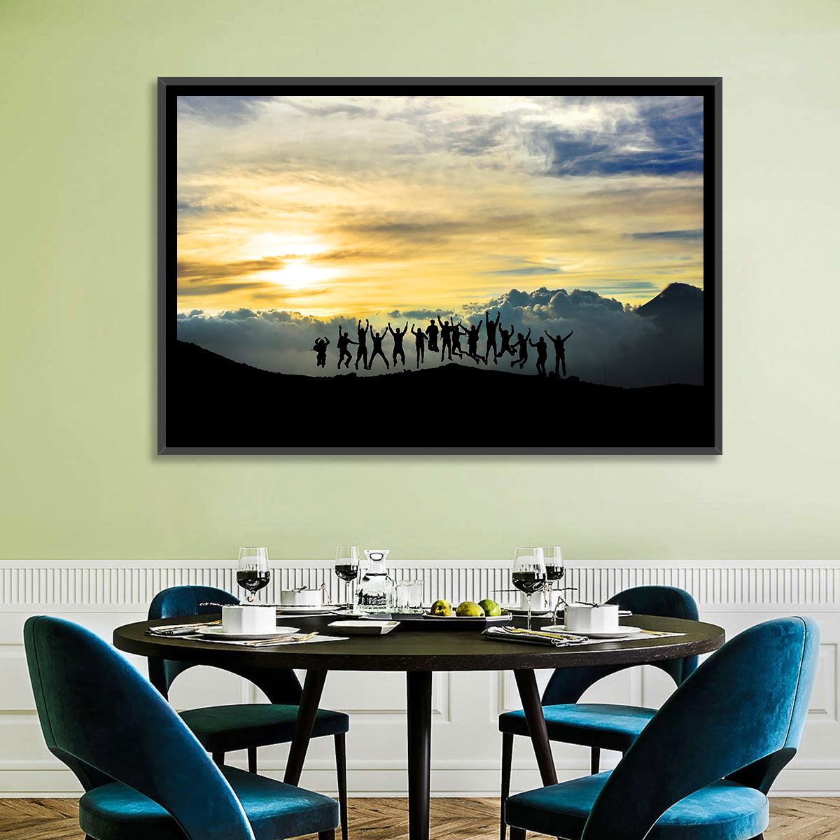 Golden Team Silhouettes at Sunset Wall Art in a room, landscape