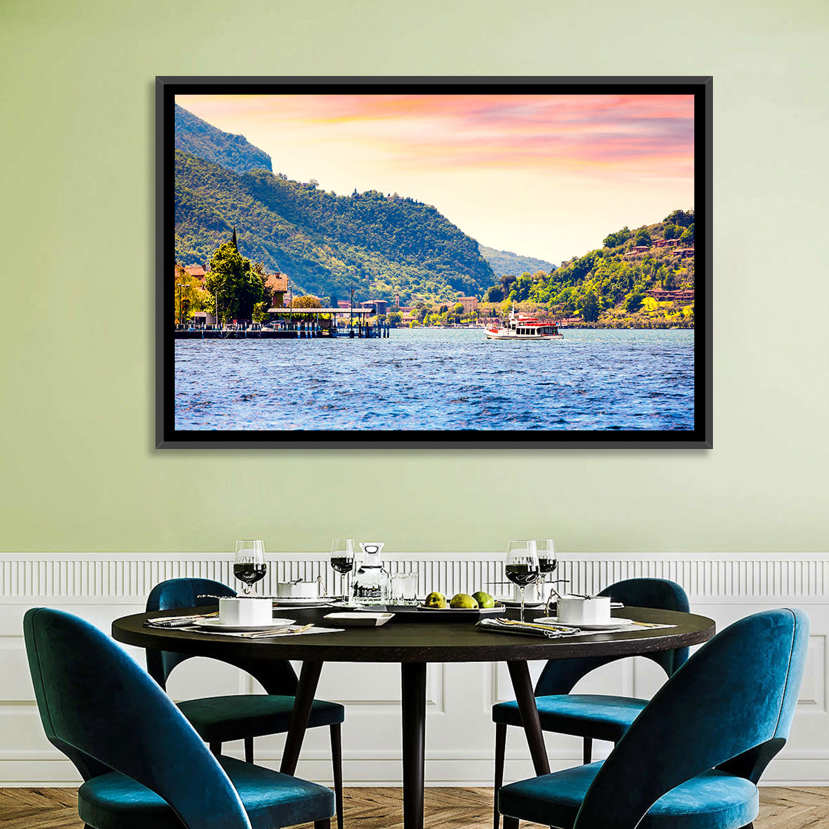 Lake Iseo Morning Harbor Wall Art in a room, landscape