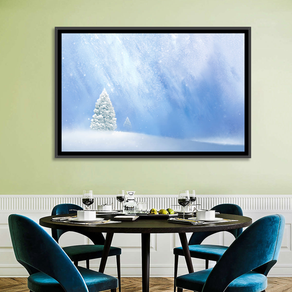Two Snowy Evergreens Wall Art in a room, landscape
