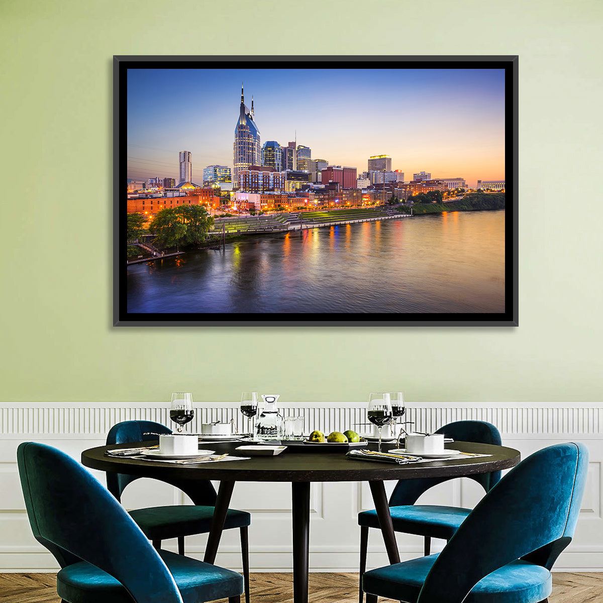 Nashville Skyline Over the Cumberland River Wall Art in a room, landscape