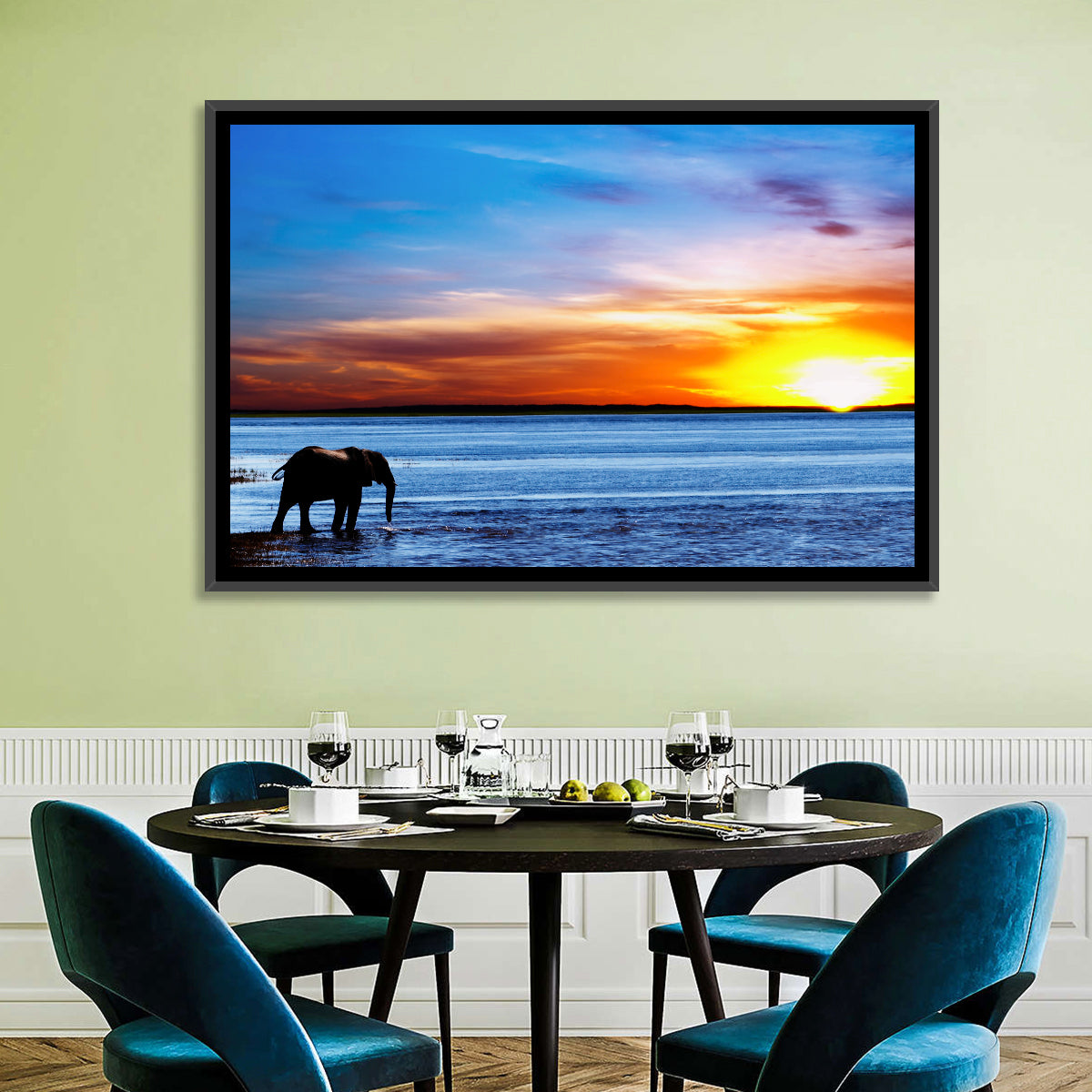 Elephant Silhouette at Beach Sunset Wall Art