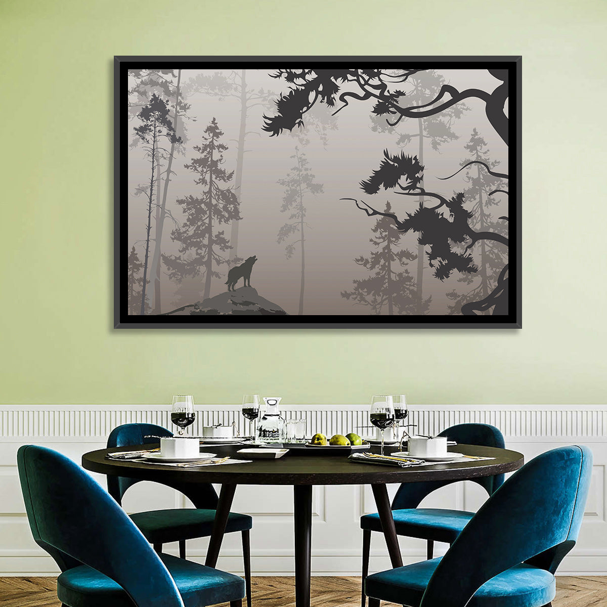 Howling Wolf in Misty Forest Wall Art in a room, landscape