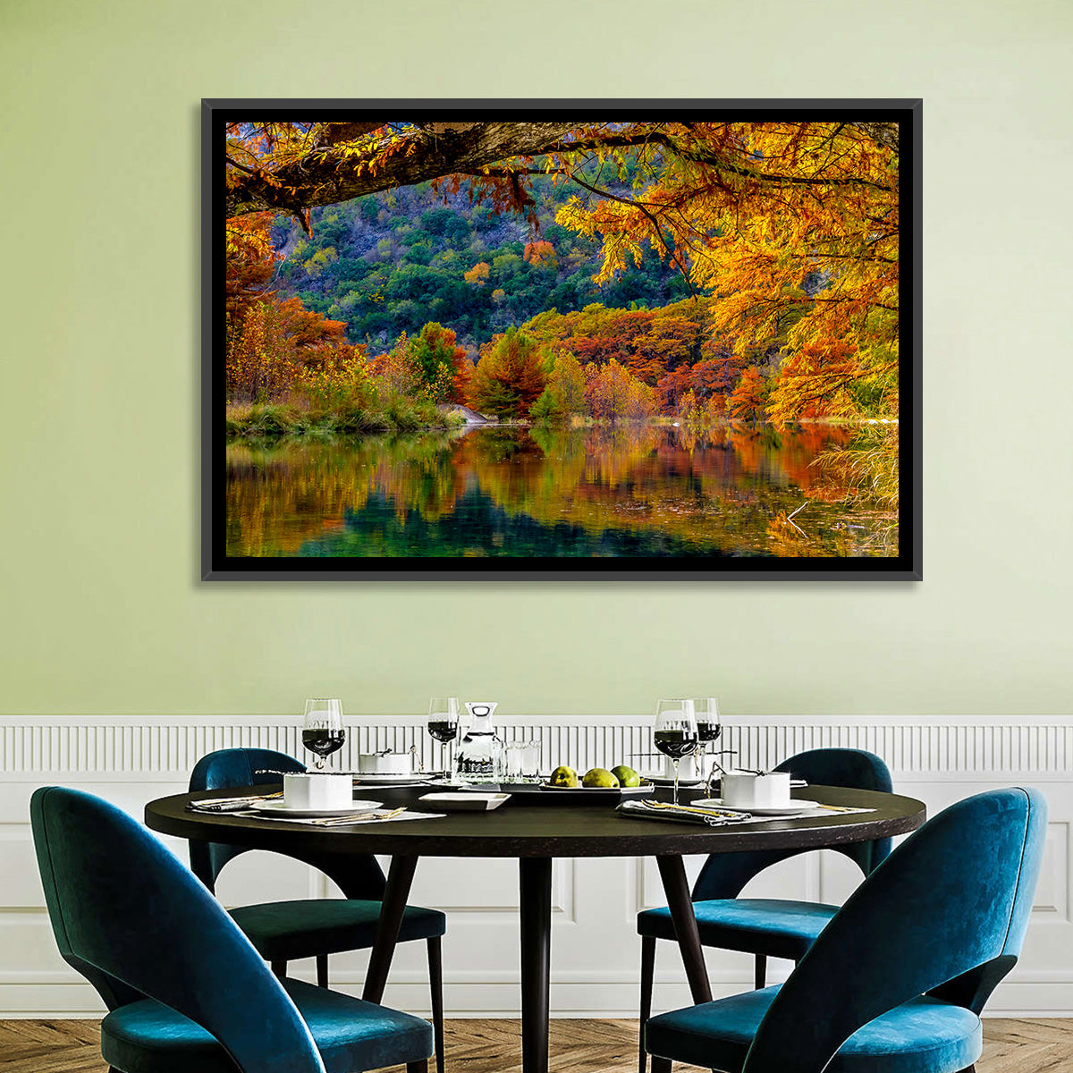 Frio River Autumn Reflection Wall Art in a room, landscape