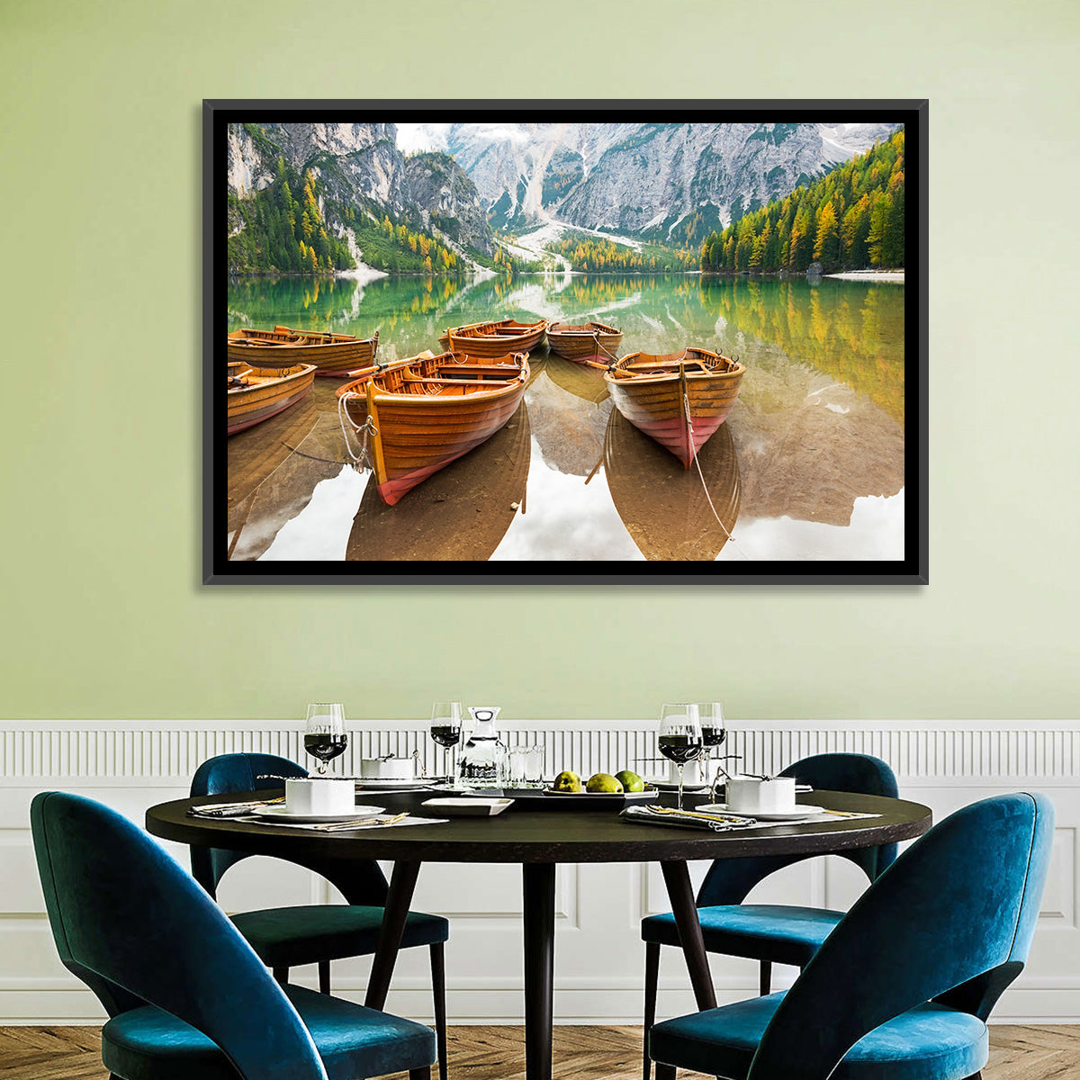 Rowboats on Lake Braies Wall Art in a room, landscape