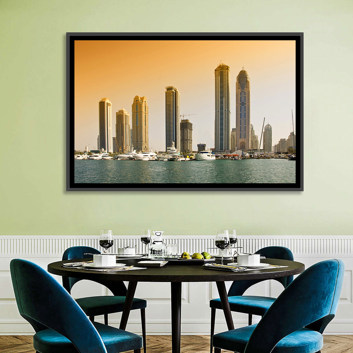 Dubai Marina Sunset Skyline with Yachts Wall Art in a room, landscape