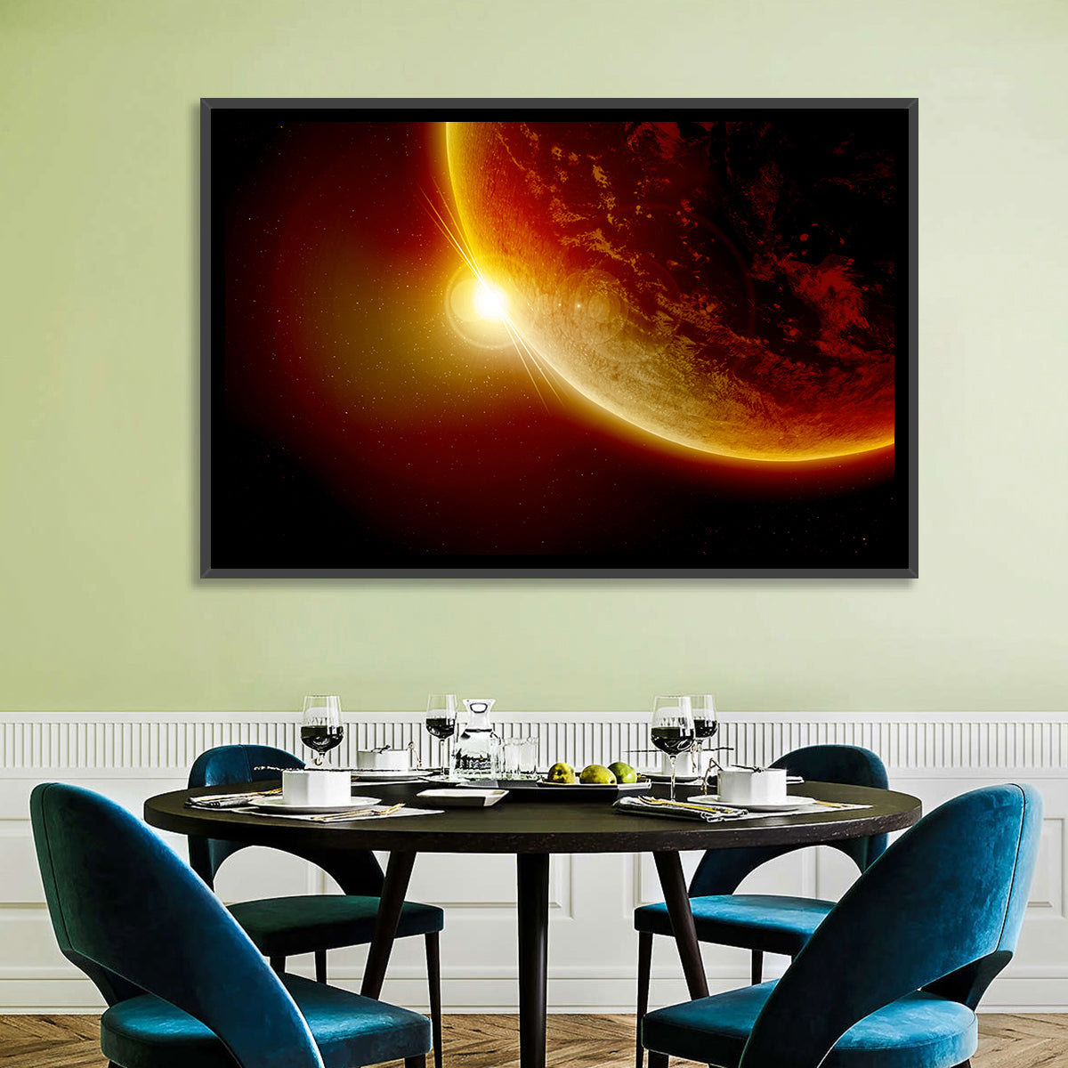 Red Planet Sunrise Limb Flare Wall Art in a room, landscape