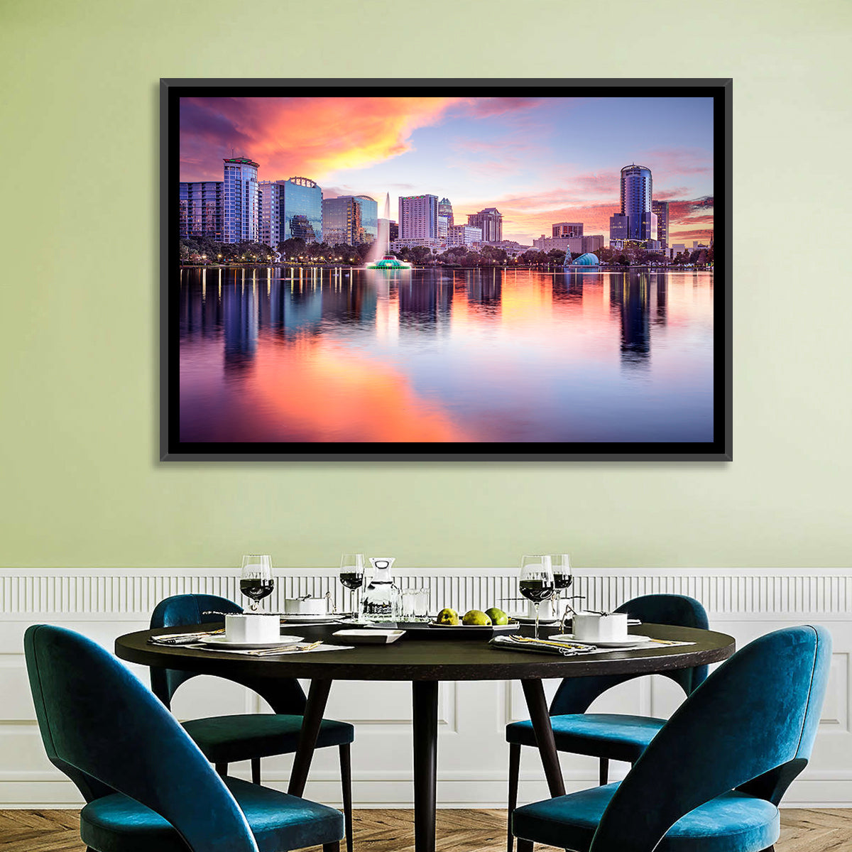 Lake Eola Sunset Orlando Wall Art in a room, landscape