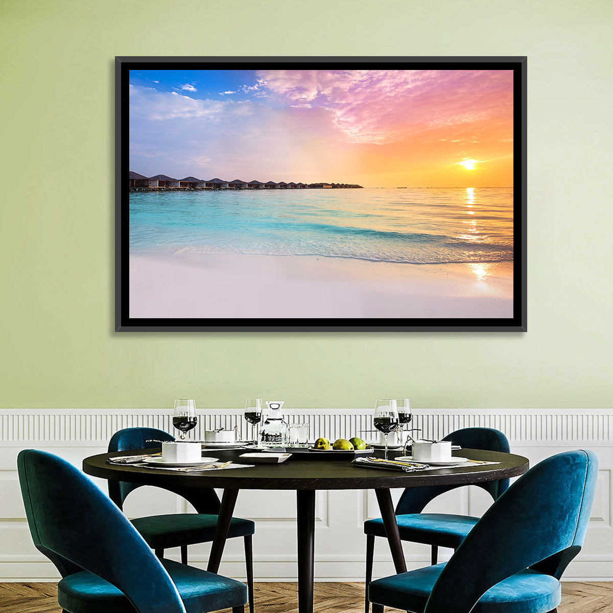 Overwater Bungalows at Sunset Wall Art in a room, landscape