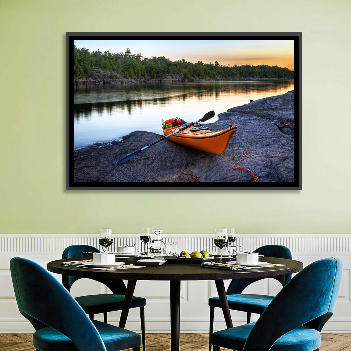 Orange Kayak on Rocky Shore Wall Art