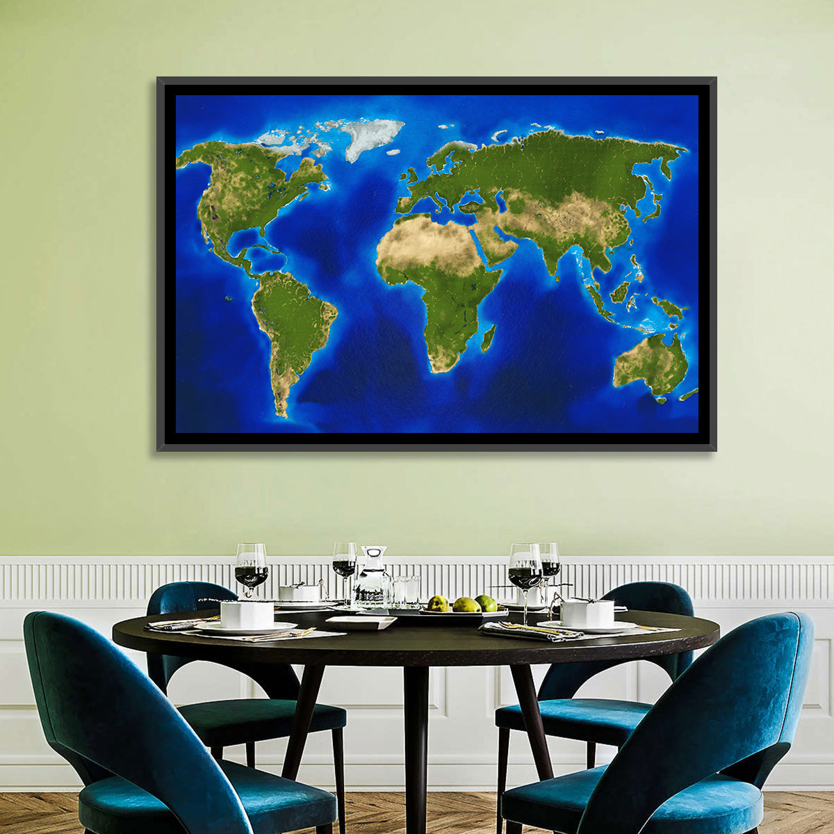 Satellite-style Blue World Map Wall Art in a room, landscape