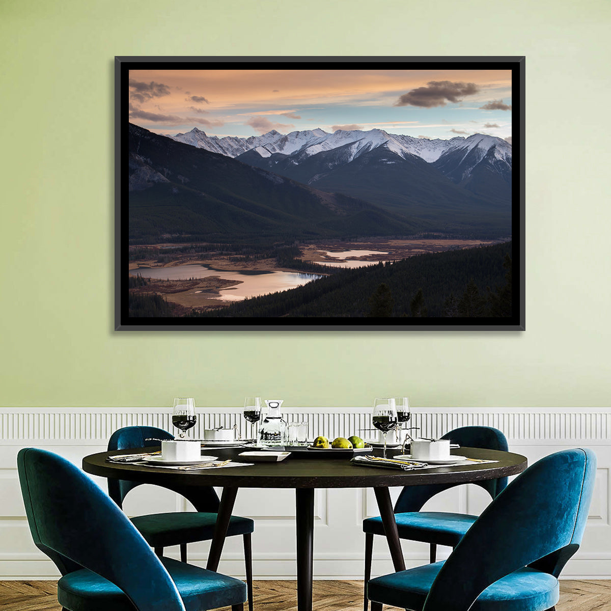 Banff Mountain Lake at Dusk Wall Art in a room, landscape