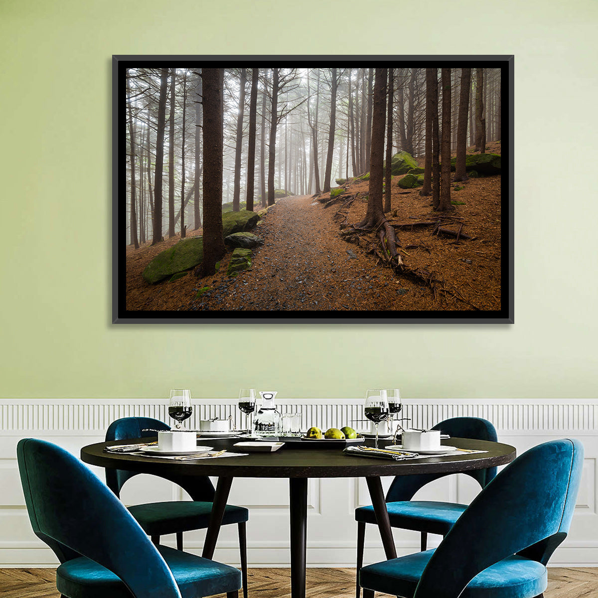 Misty Appalachian Trail Path Wall Art in a room, landscape