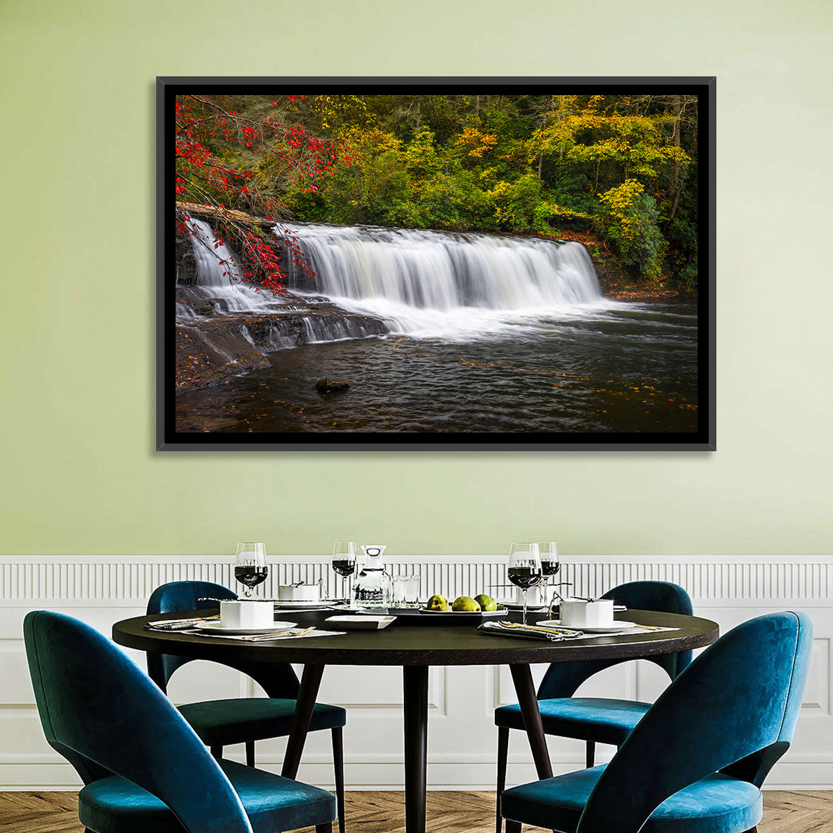 Blue Ridge Autumn Waterfall Wall Art in a room, landscape