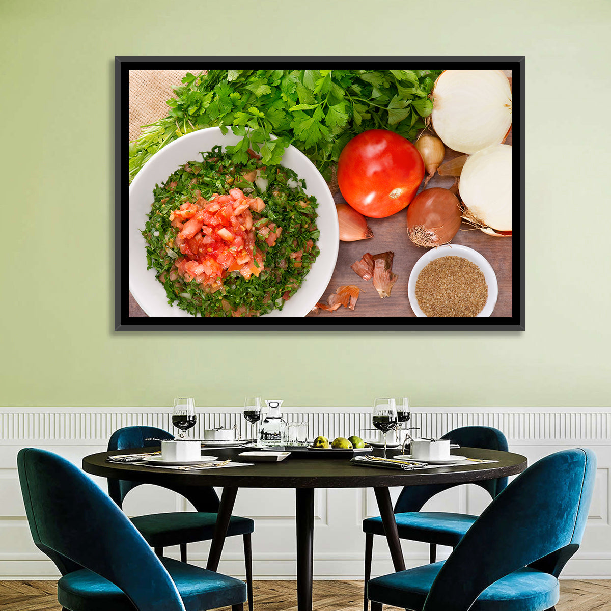 Top-down Tabbouleh Salad Wall Art in a room, landscape