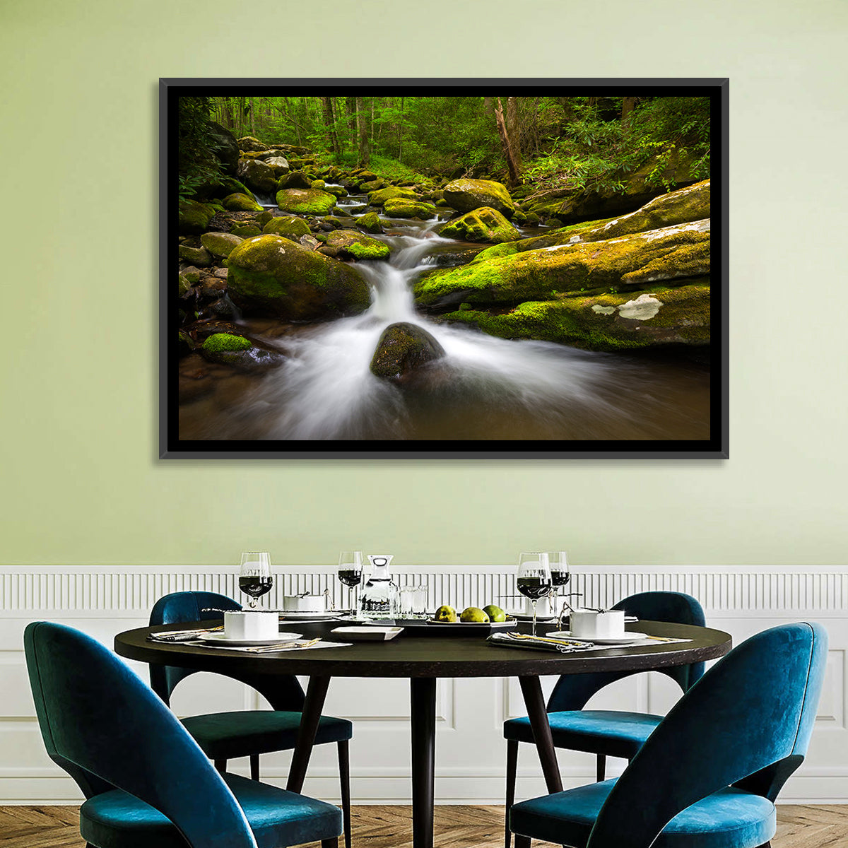 Mossy Forest Stream Wall Art in a room, landscape