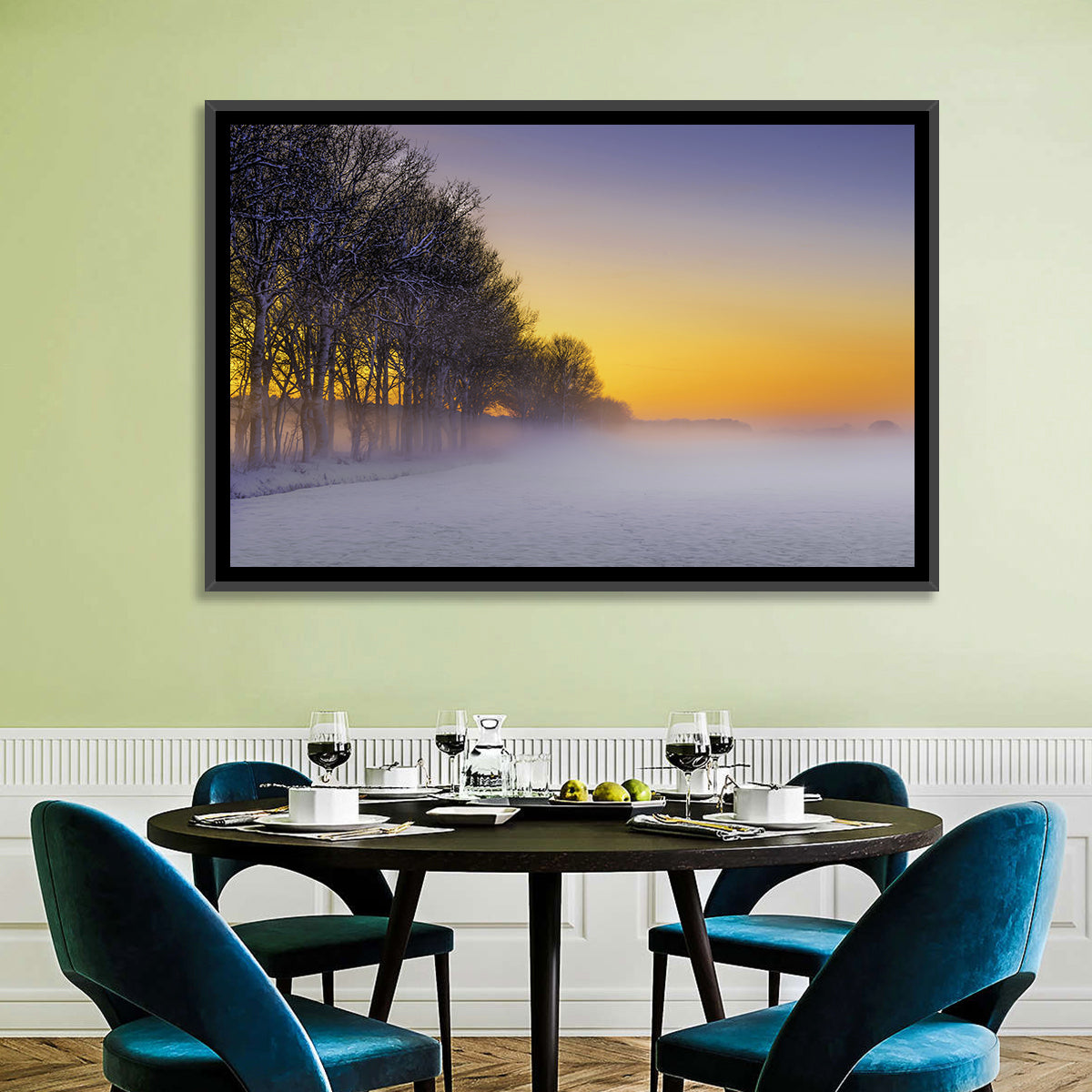 Winter Fog at Sunset Wall Art in a room, landscape
