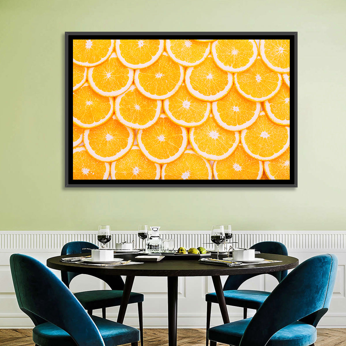 Orange Slice Grid Pattern Wall Art in a room, landscape