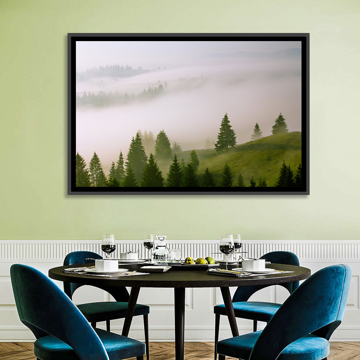 Summer Mist Over Green Hills Wall Art in a room, landscape