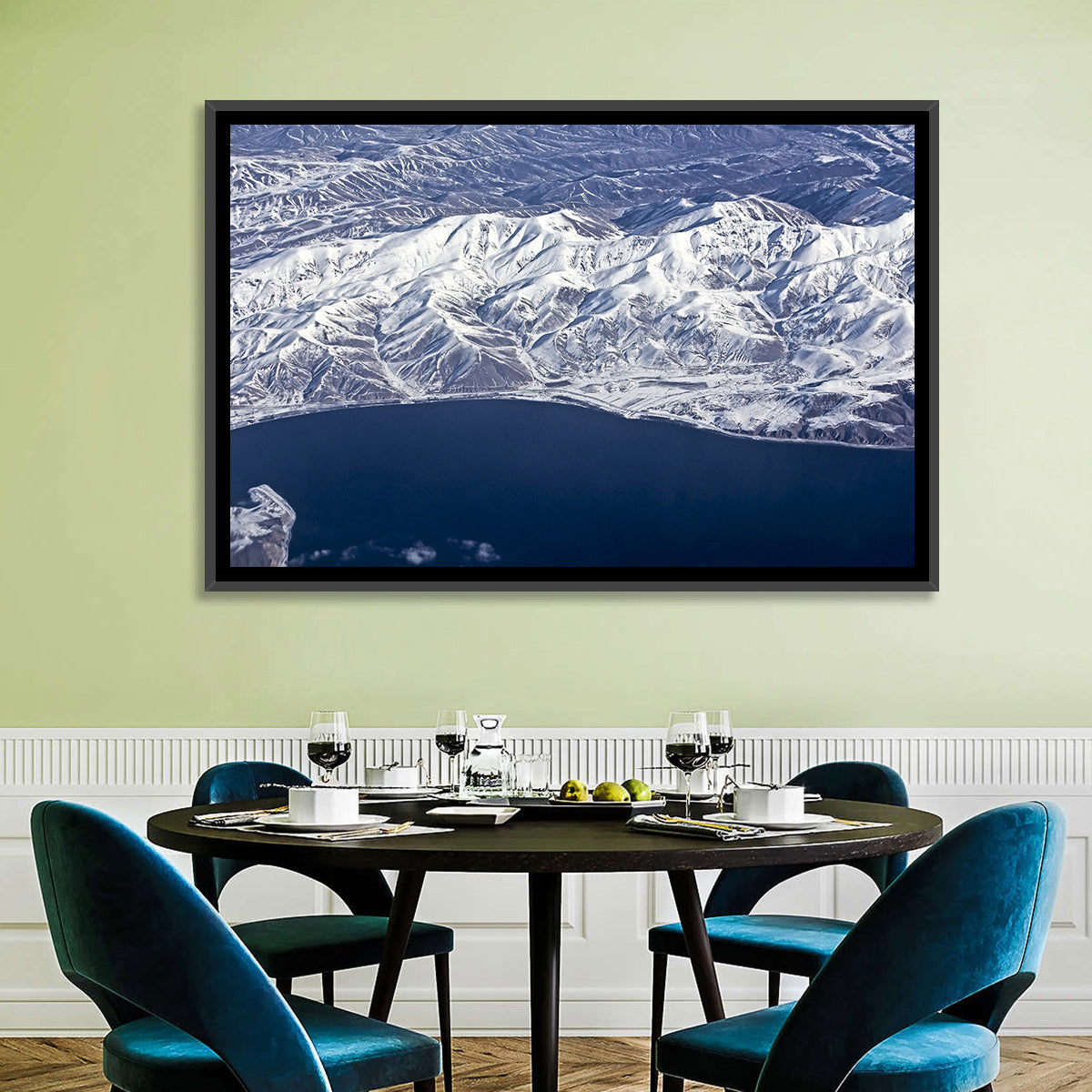Lake Sevan Aerial Winter View Wall Art in a room, landscape